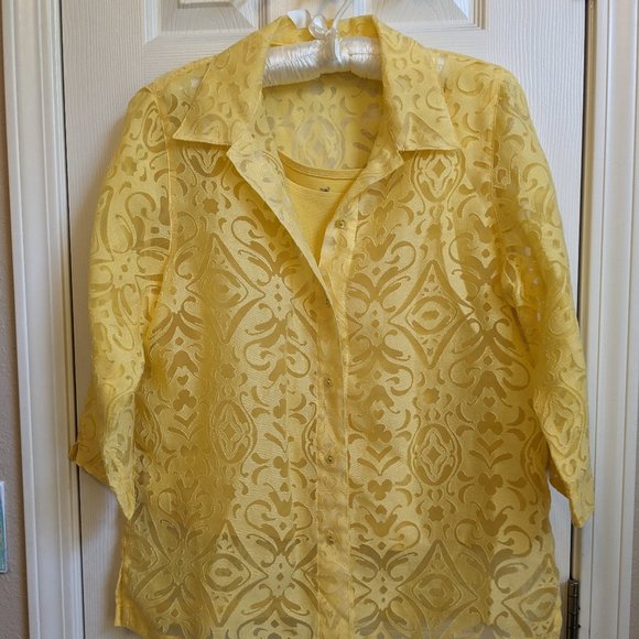 Allison Daley 2 Piece Set Yellow Button Up Lace Top and Matching Tank - Picture 1 of 13